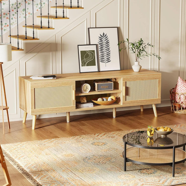 65 Inch Boho TV Stand With Rattan Entertainment Center-4