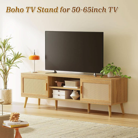 65 Inch Boho TV Stand With Rattan Entertainment Center-1
