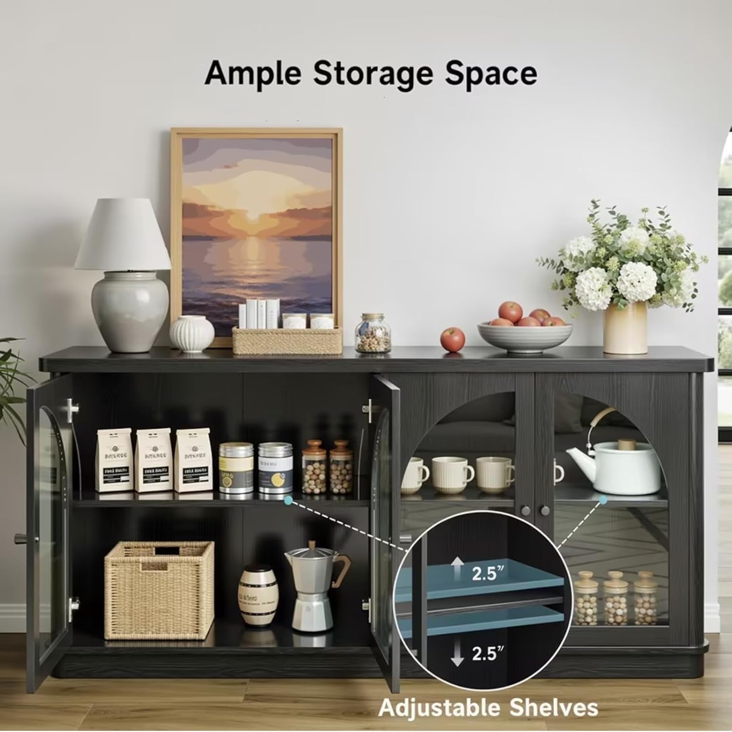 63Inch Black Sideboard Buffet Cabinet Glass Doors Modern-3