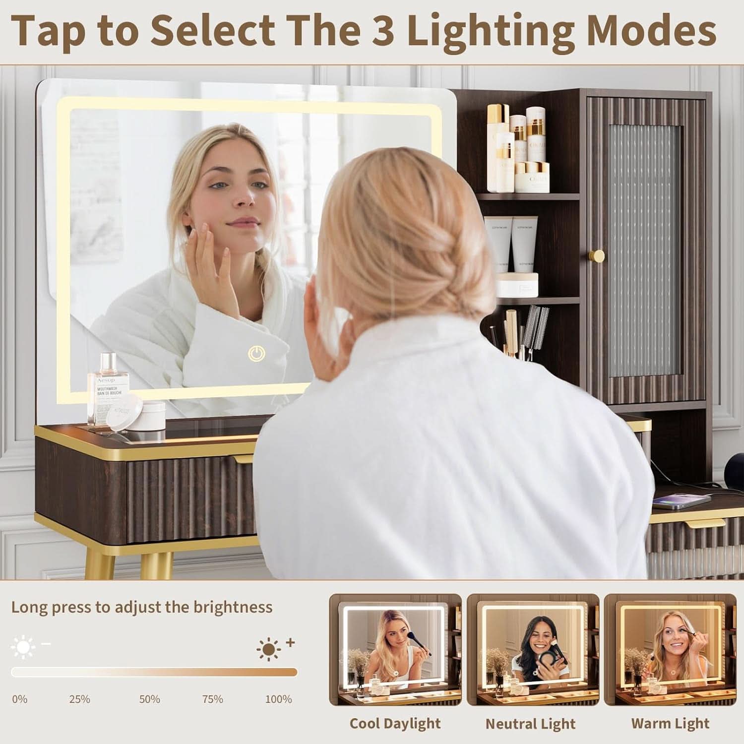 48 Inch Vanity Desk With Mirror Led Lights And Charging Station-4