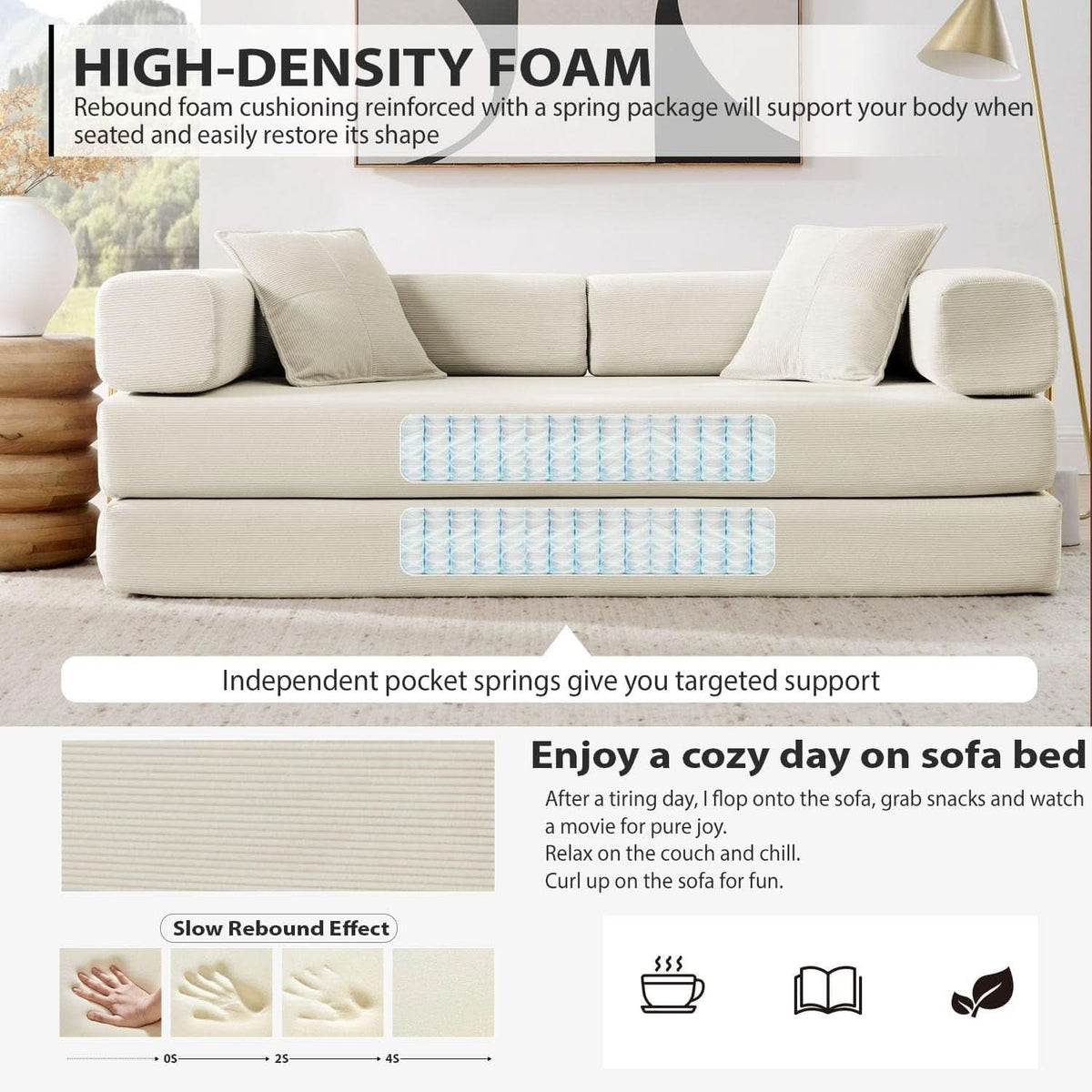 78Inch Convertible Sleeper Sofa Bed Beige Upholstery-3