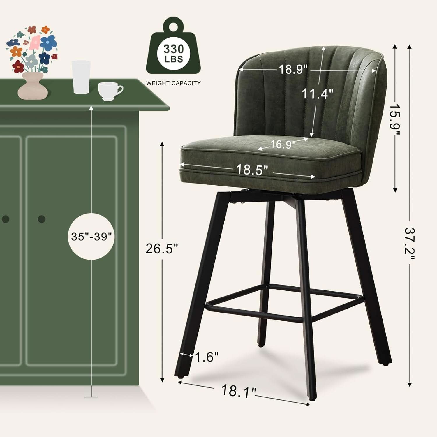 Swivel Counter Height Bar Stools Green Faux Leather-1
