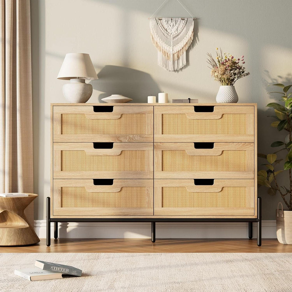 Rattan Open work Braided Chest Of Six Drawers Walnut Finish-4