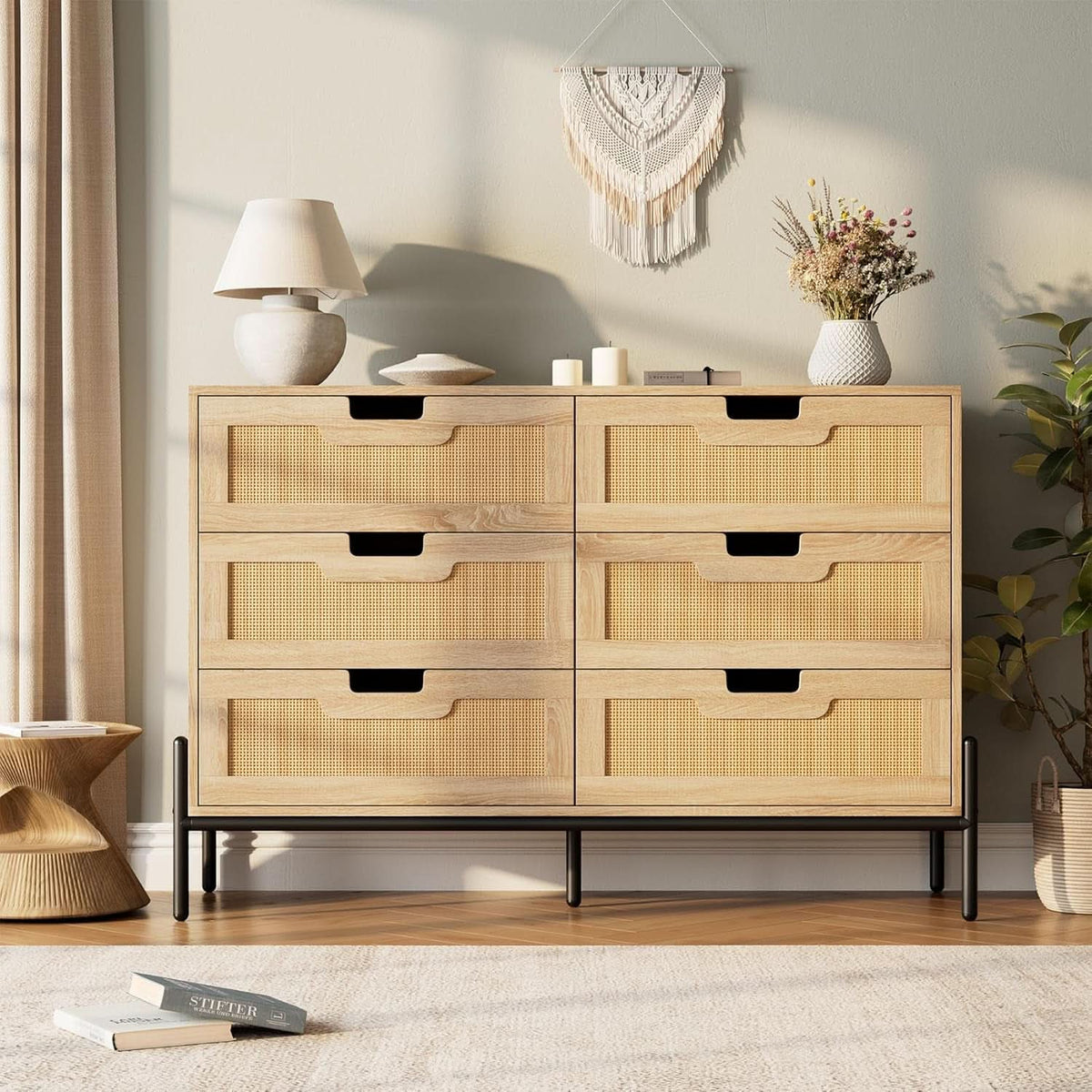 Rattan Open work Braided Chest Of Six Drawers Walnut Finish-4