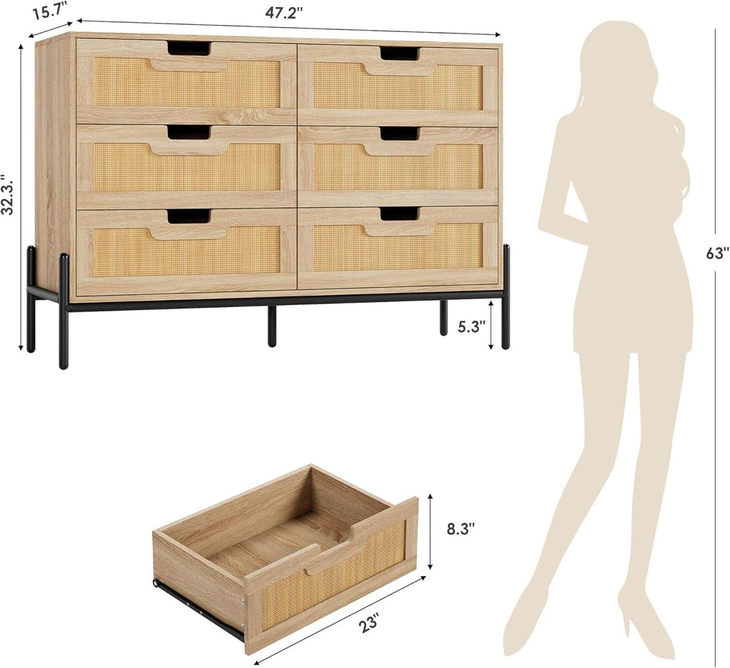 Rattan Open work Braided Chest Of Six Drawers Walnut Finish-1