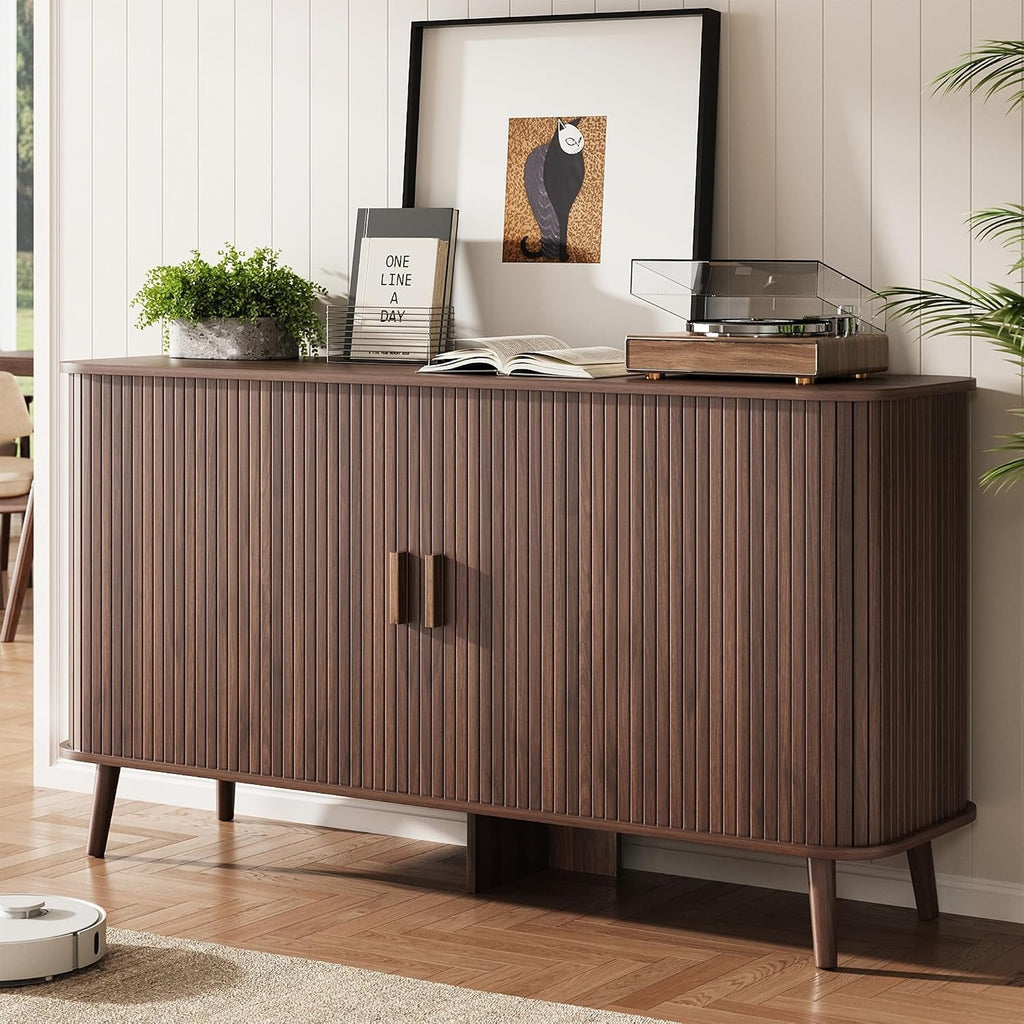 Walnut Fluted Sideboard Buffet Cabinet With Doors-0