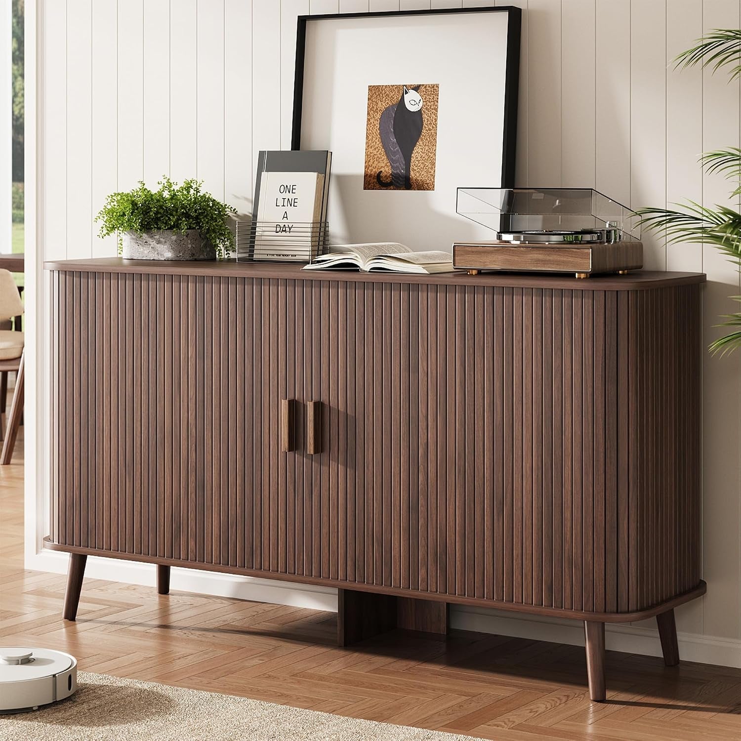Walnut Fluted Sideboard Buffet Cabinet With Doors-0