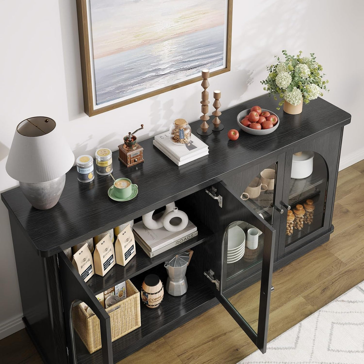 63Inch Black Sideboard Buffet Cabinet Glass Doors Modern-4