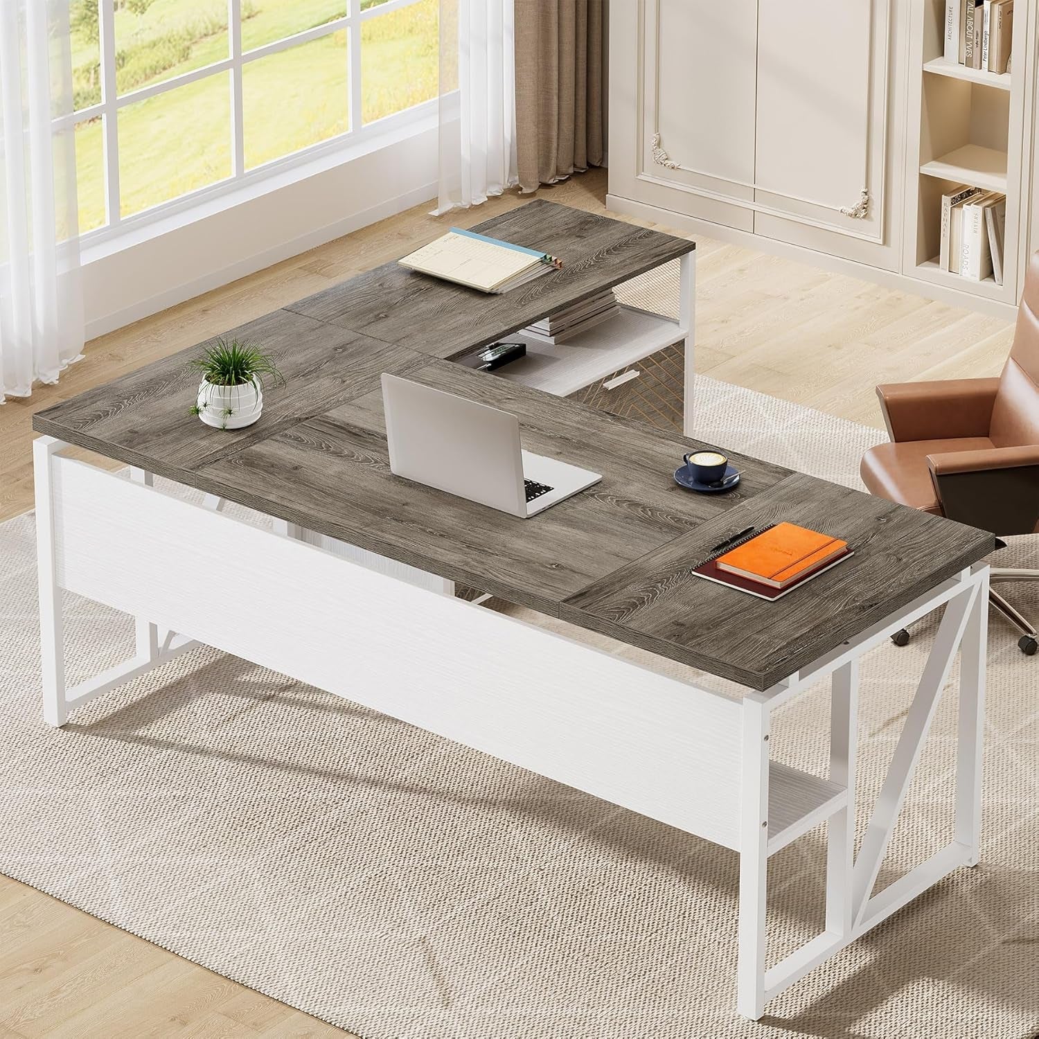 63Inch L Shaped Corner Executive Desk Gray Matte Finish-0