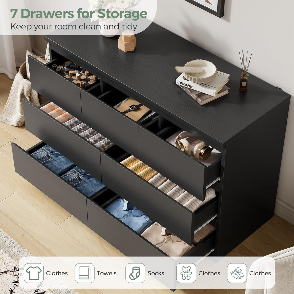 Black Seven Drawer Contemporary Wooden Dresser Bedroom-2