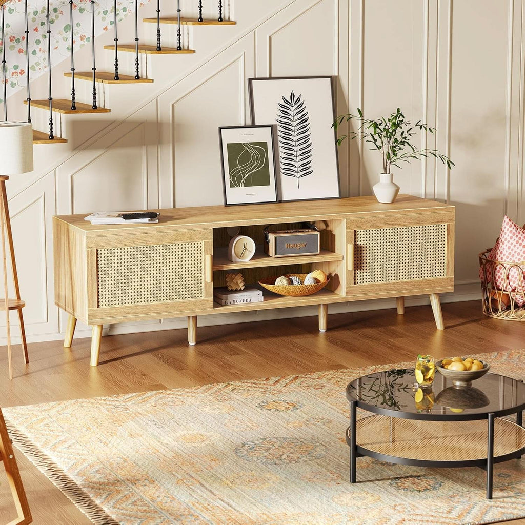 65 Inch Boho TV Stand With Rattan Entertainment Center-4