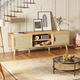 65 Inch Boho TV Stand With Rattan Entertainment Center-4