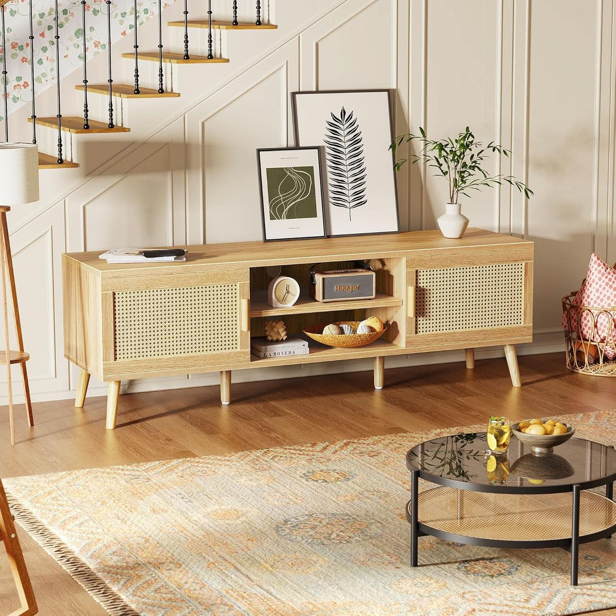 65 Inch Boho TV Stand With Rattan Entertainment Center-4