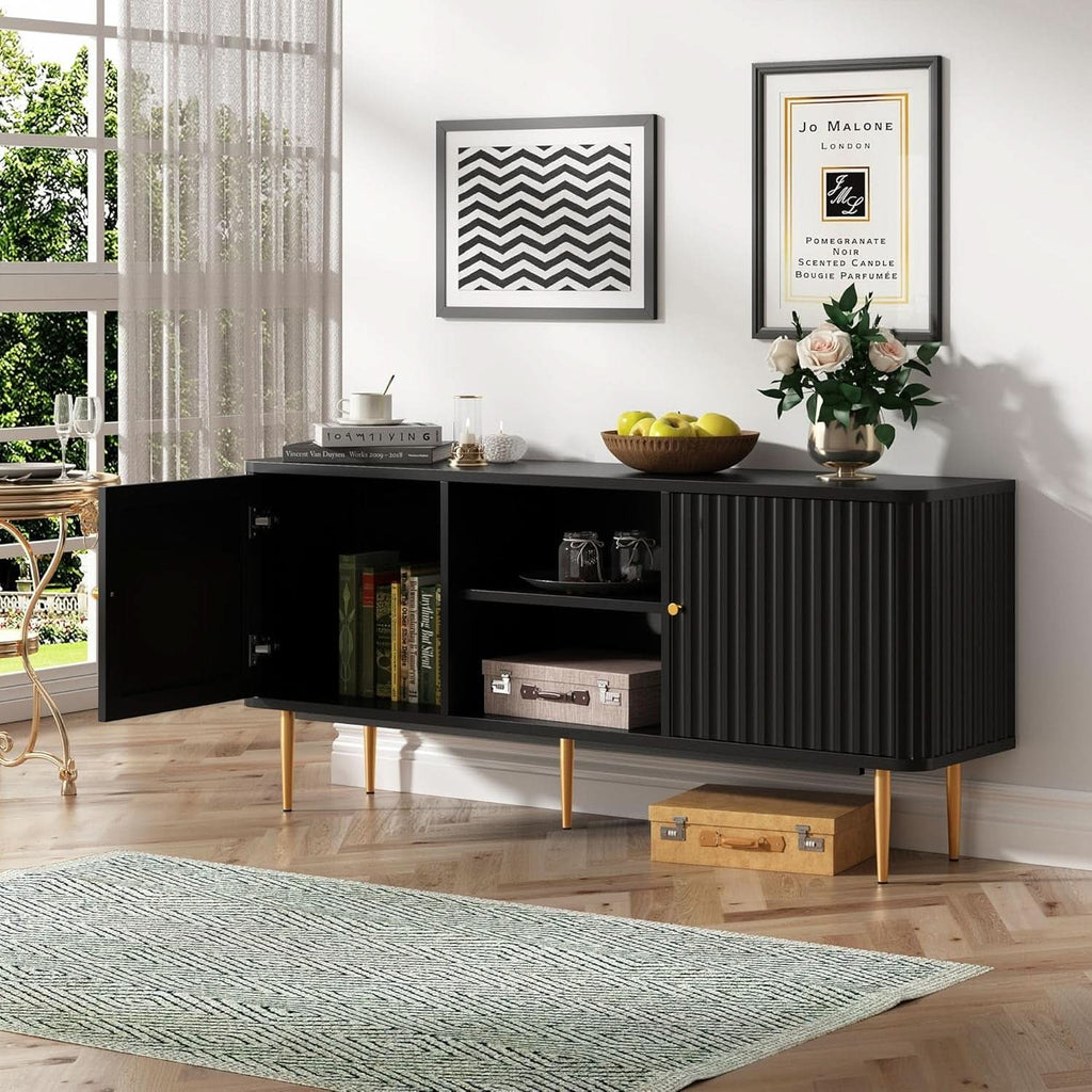 55 Inch Fluted TV Stand Black Mid Century Modern Entertainment Center-4
