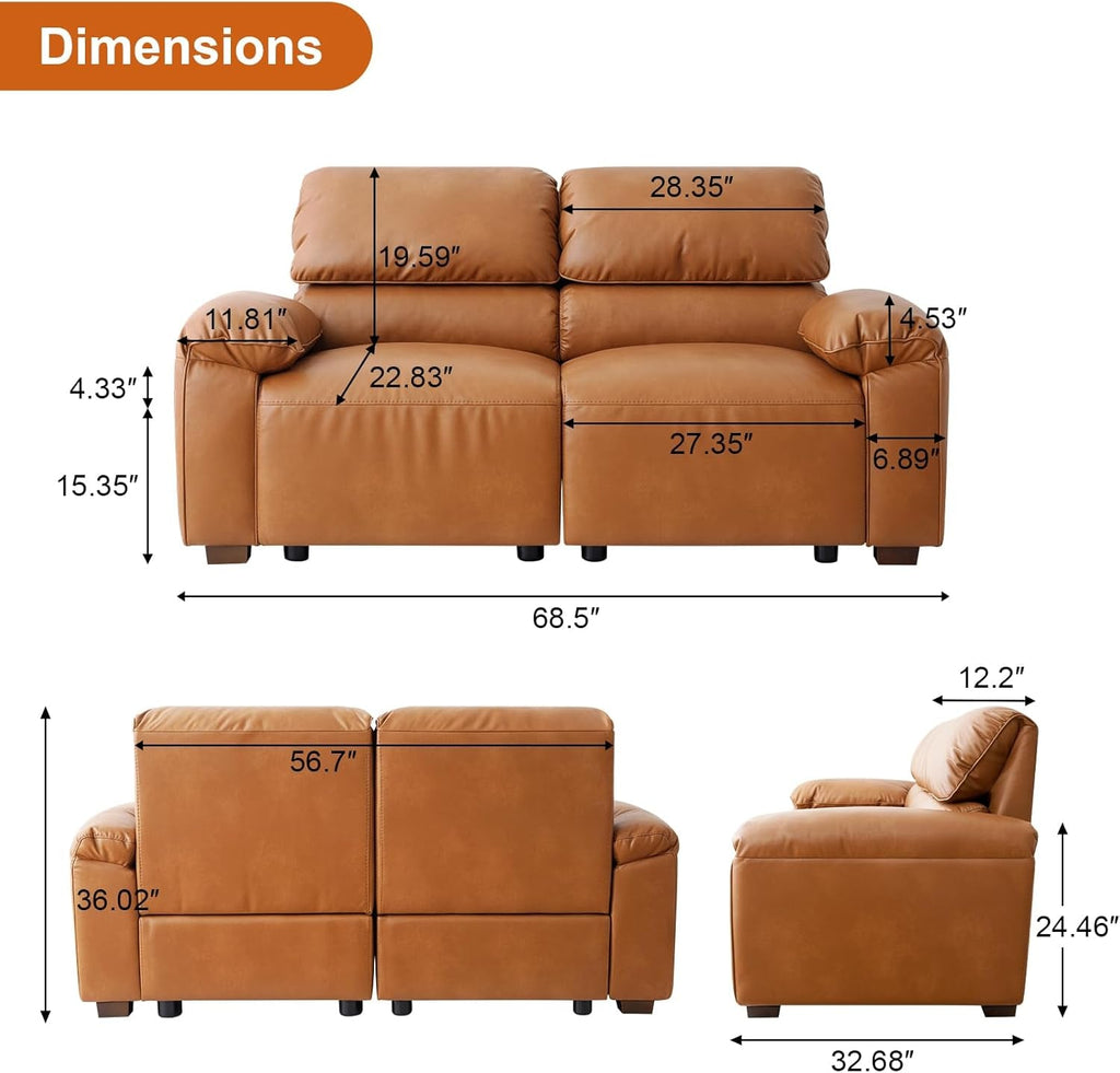 68 Inch PU Leather Loveseat Mid CenturyModern Brown-2