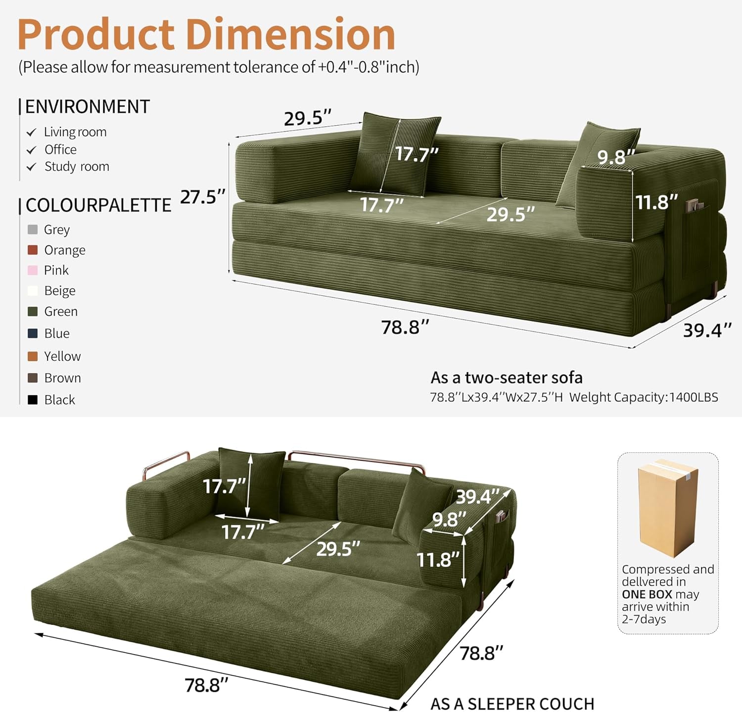 Emerald 78.8 Inches Transformable Sleeper Couch Bed-1