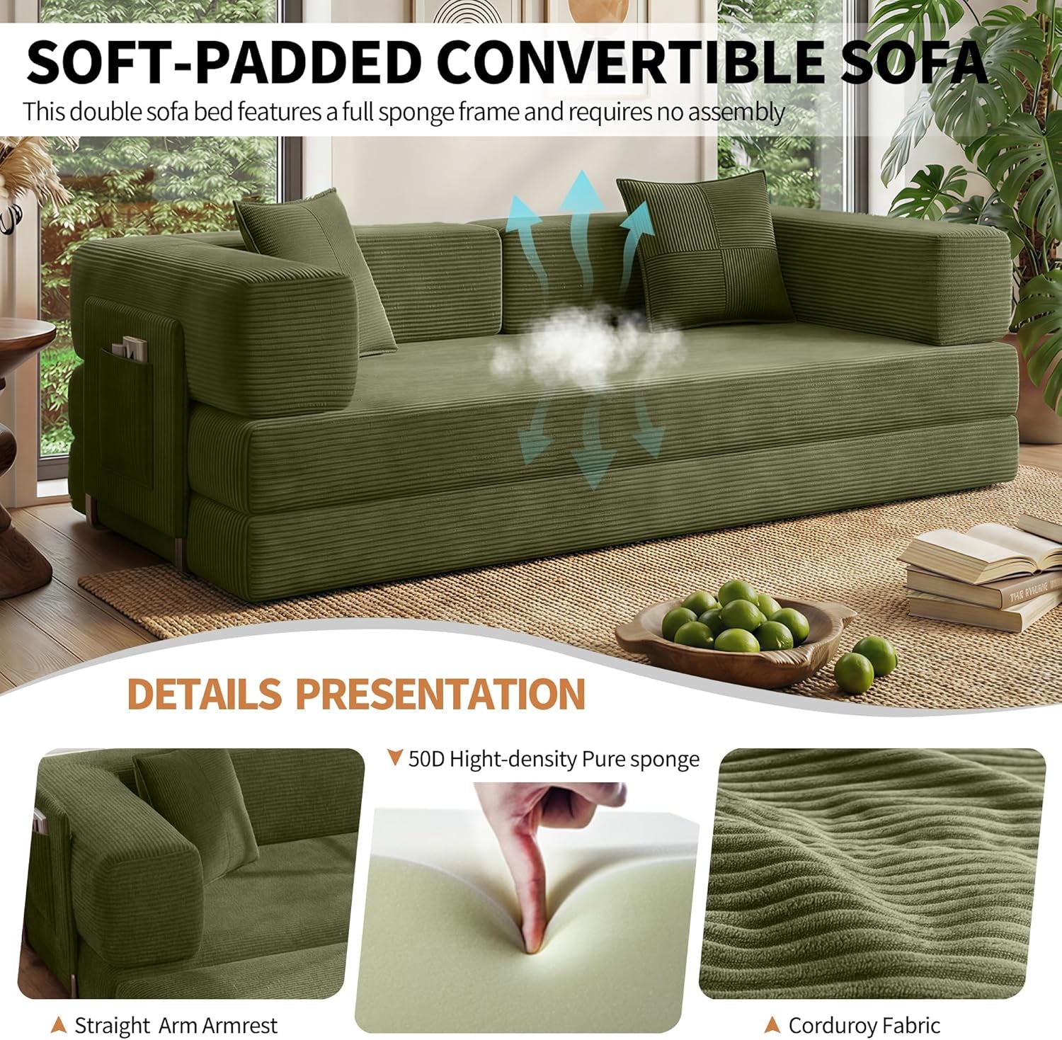 Emerald 78.8 Inches Transformable Sleeper Couch Bed-2