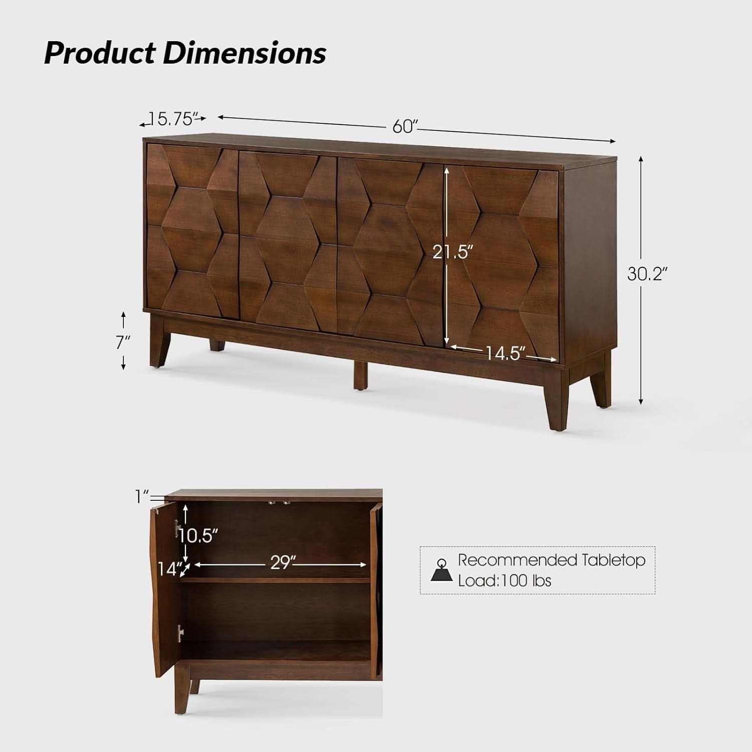 Walnut Mid Century Sideboard Buffet With Solid Wood Legs-1