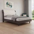Solid Wood King Tufted Beige Upholstered Faux Leather Bed With Nailhead Trim
