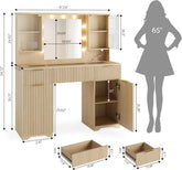 Fluted Wood Vanity Desk 48 Inch Tempered Glass Mirror-4
