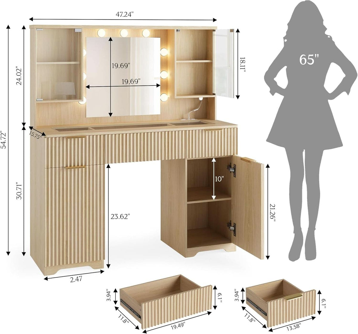 Fluted Wood Vanity Desk 48 Inch Tempered Glass Mirror-4