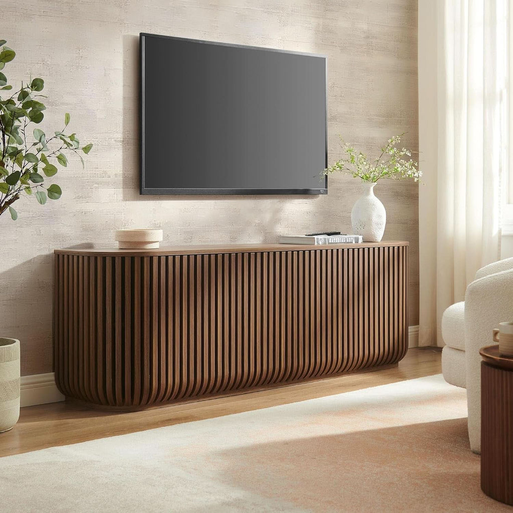 Walnut Finished Seventy Five Inch Fluted Sideboard Buffet Cabinet-3