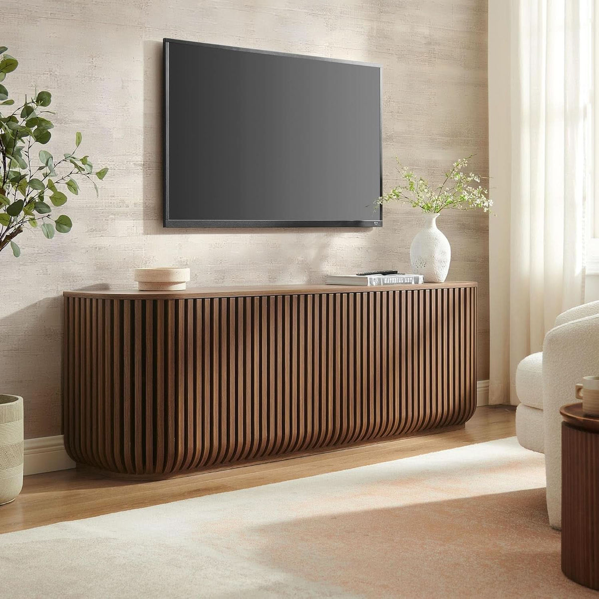 Walnut Finished Seventy Five Inch Fluted Sideboard Buffet Cabinet-3