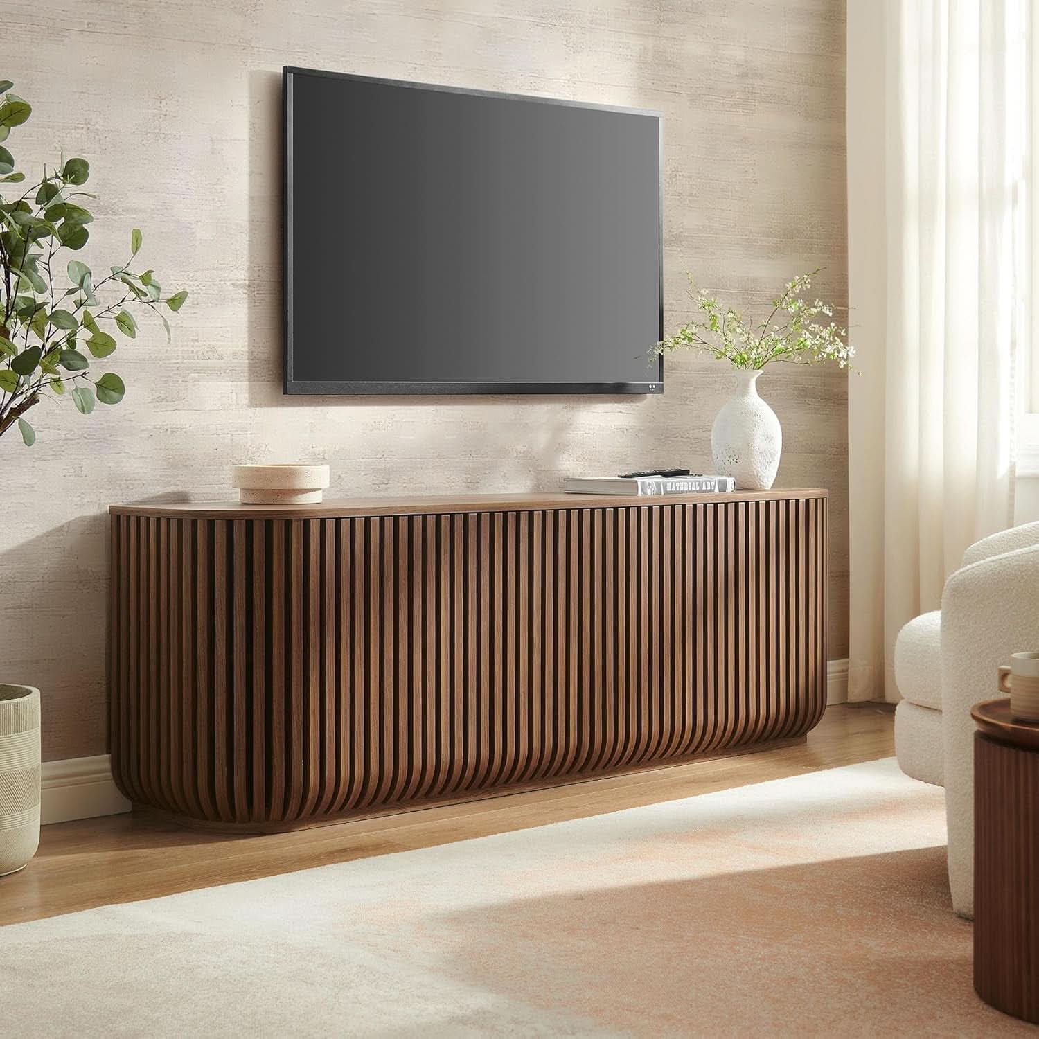 Walnut Finished Seventy Five Inch Fluted Sideboard Buffet Cabinet-3