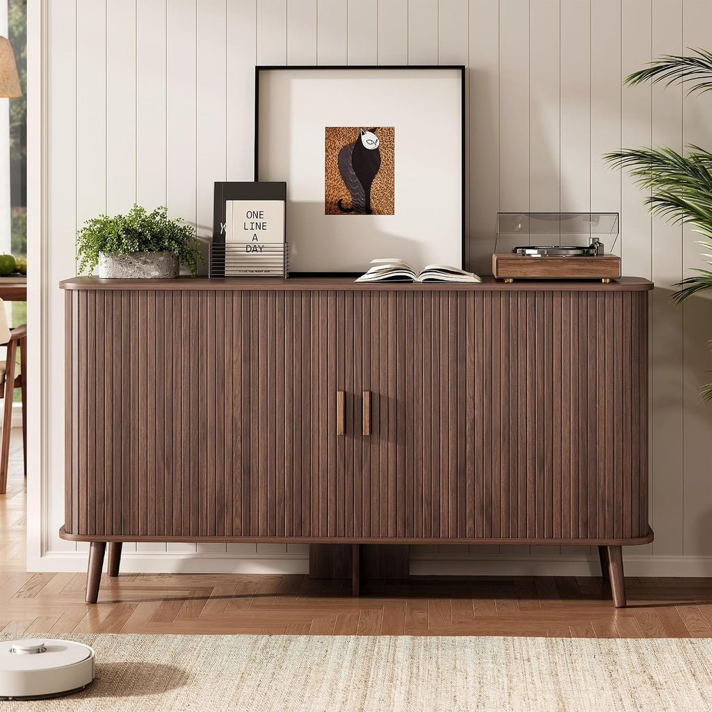 Walnut Fluted Sideboard Buffet Cabinet With Doors-2