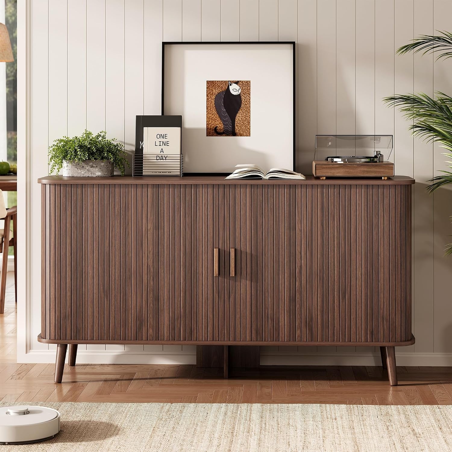 Walnut Fluted Sideboard Buffet Cabinet With Doors-2