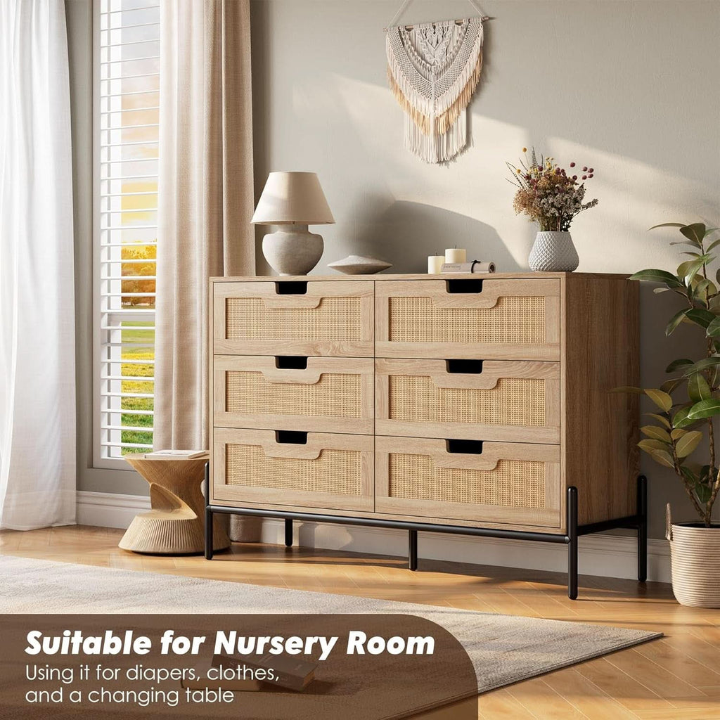 Rattan Open work Braided Chest Of Six Drawers Walnut Finish-3