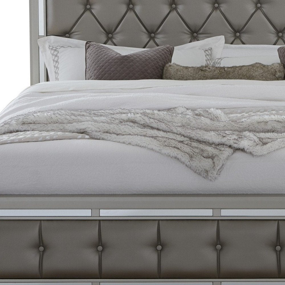 Silver Wood And Tufted Linen Queen Bed Frame With Nailhead Trim