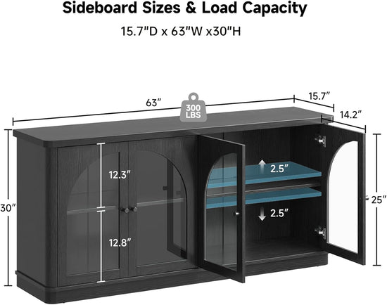 63Inch Black Sideboard Buffet Cabinet Glass Doors Modern-1