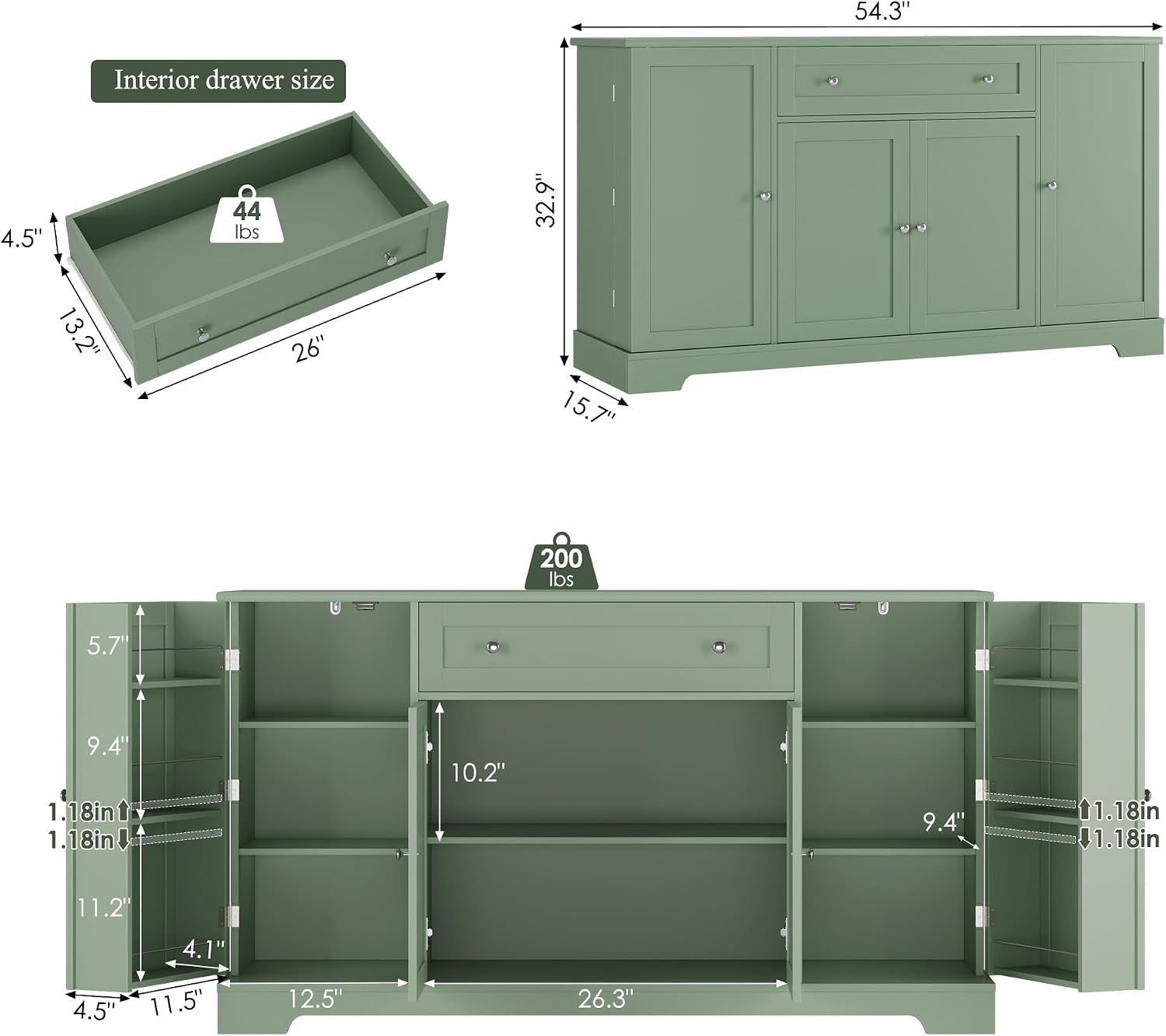 Green Industrial Buffet Cabinet With Adjustable Shelves-1