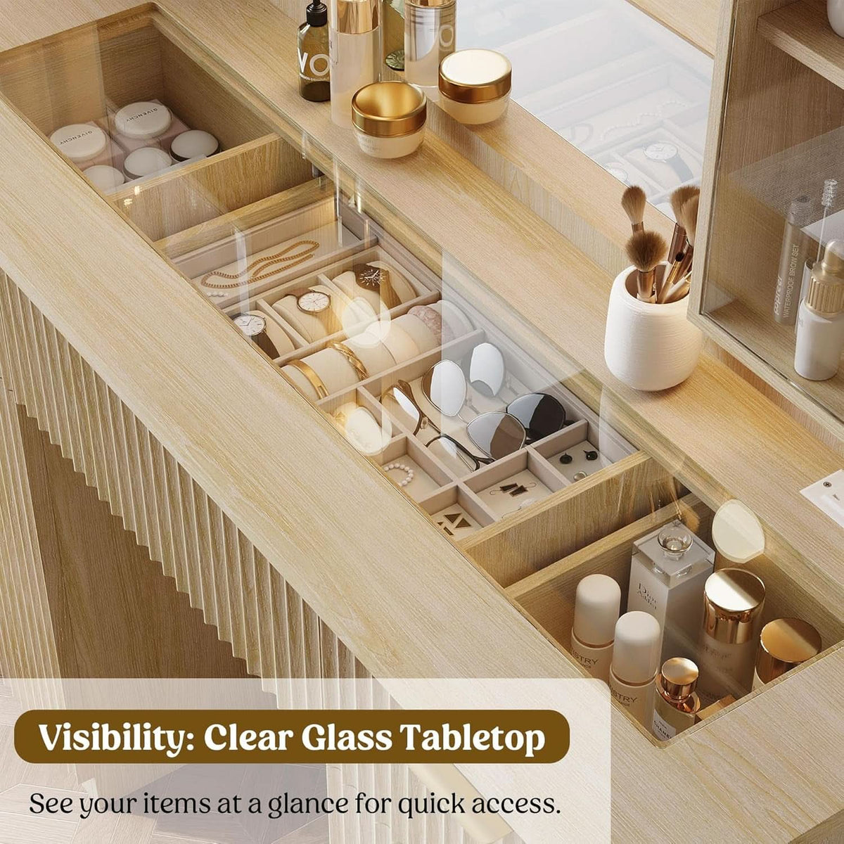 Fluted Wood Vanity Desk 48 Inch Tempered Glass Mirror-3