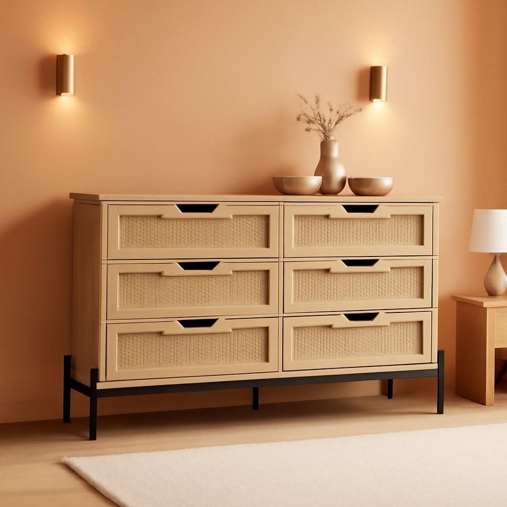 Rattan Open work Braided Chest Of Six Drawers Walnut Finish-0