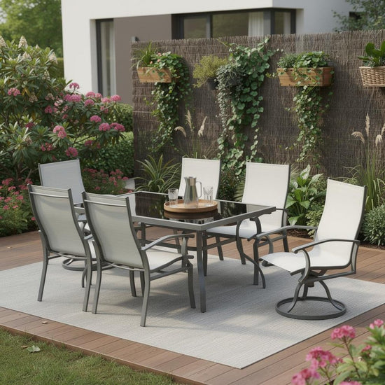 Seven Piece Black and Gray Rectangular Glass Dining Set with Six Chairs