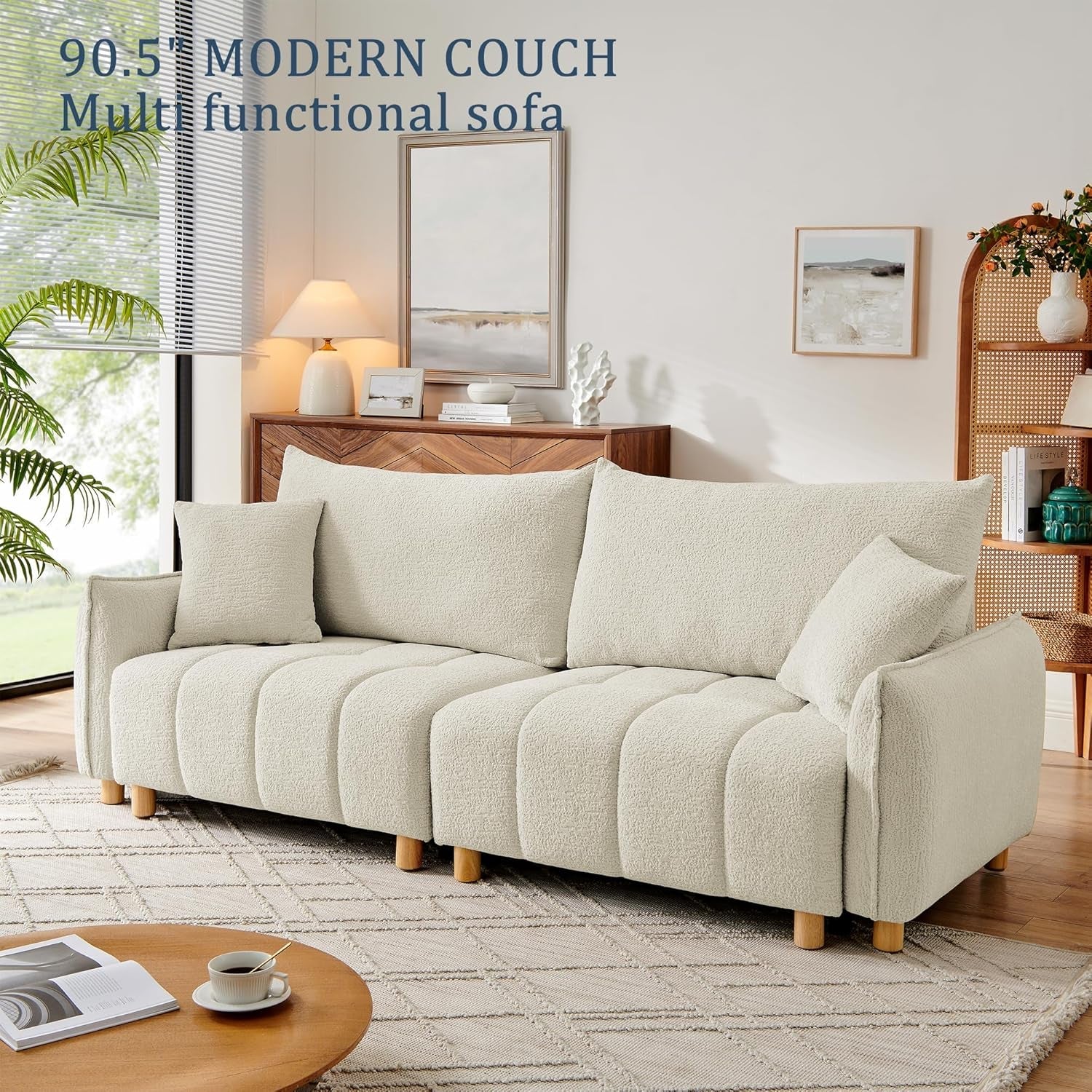 Cream Chenille Sleeper Sofa Bed With Expanded Storage-4