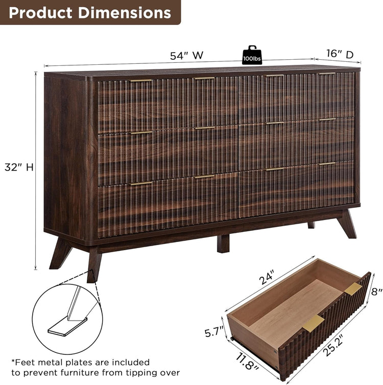 Dark Walnut Contemporary Fluted Six Drawer Dresser-1