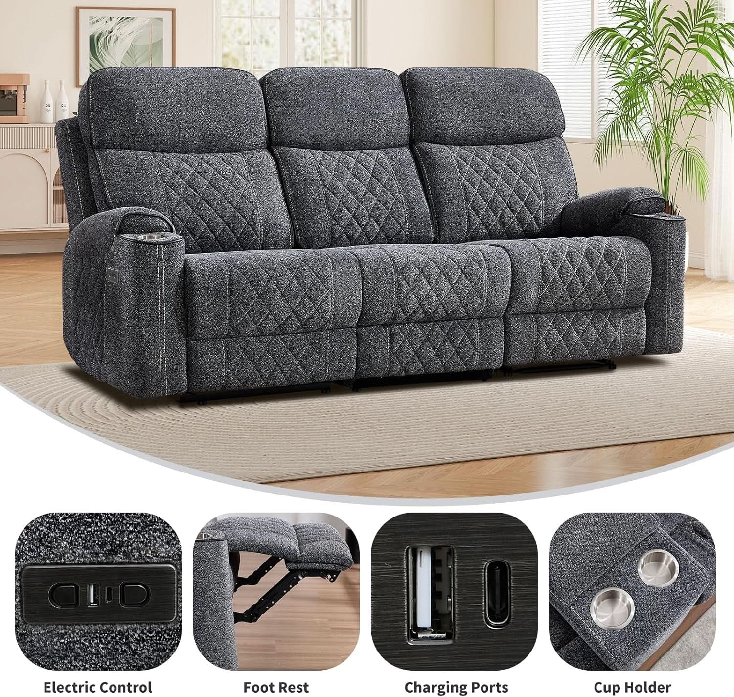 Grey Fabric 3-Seater Electric Recliner Sofa with Cup Holders-2
