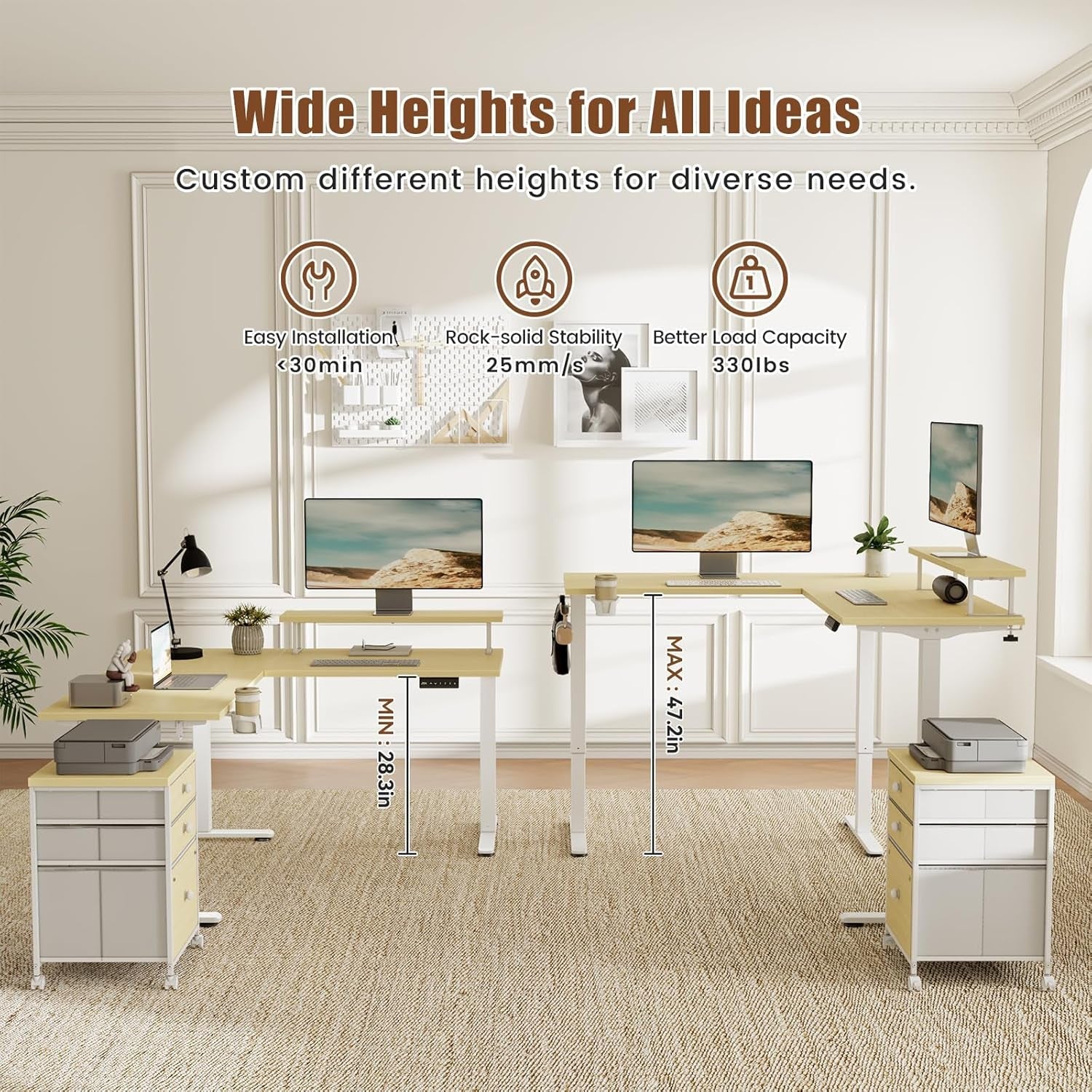 Electric LShaped Standing Work station With Drawers Maple-2