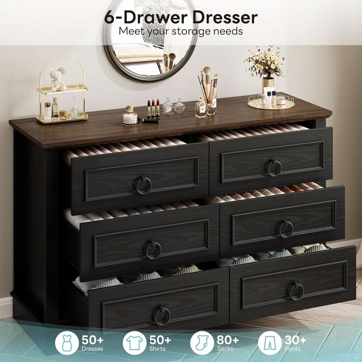 Black FortySevenPointTwoInch Wide Six Drawer Dresser-4