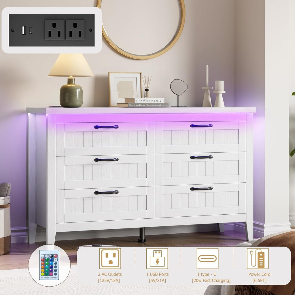 White Slim Modern Six Drawer Dresser With USB Charging-2