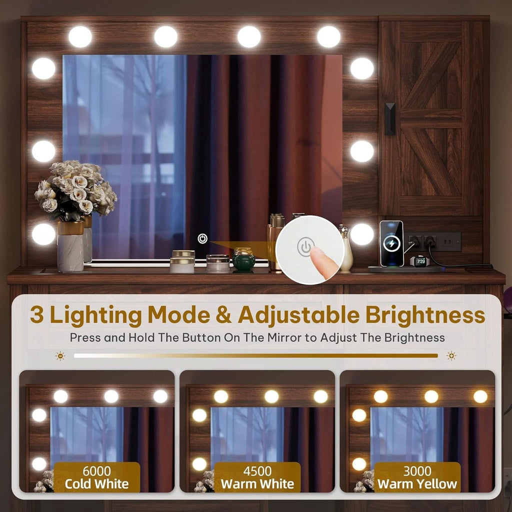 Contemporary Rustic Brown Vanity Desk With Lighting-3