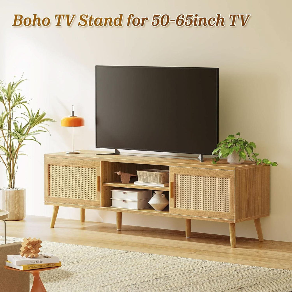 65 Inch Boho TV Stand With Rattan Entertainment Center-1