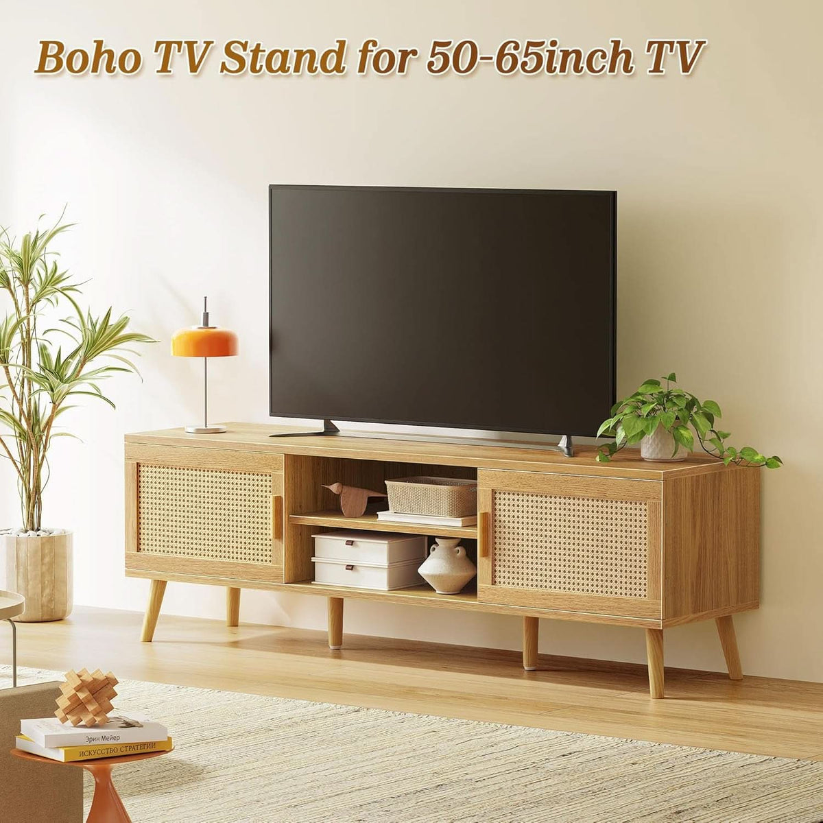 65 Inch Boho TV Stand With Rattan Entertainment Center-1