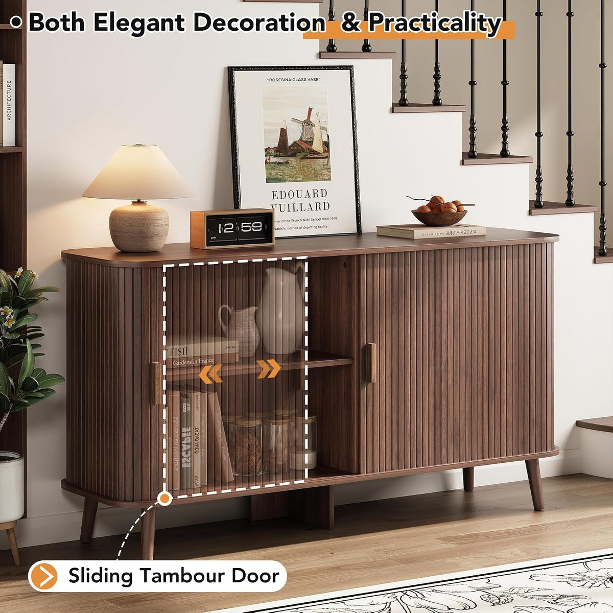 Walnut Fluted Sideboard Buffet Cabinet With Doors-3