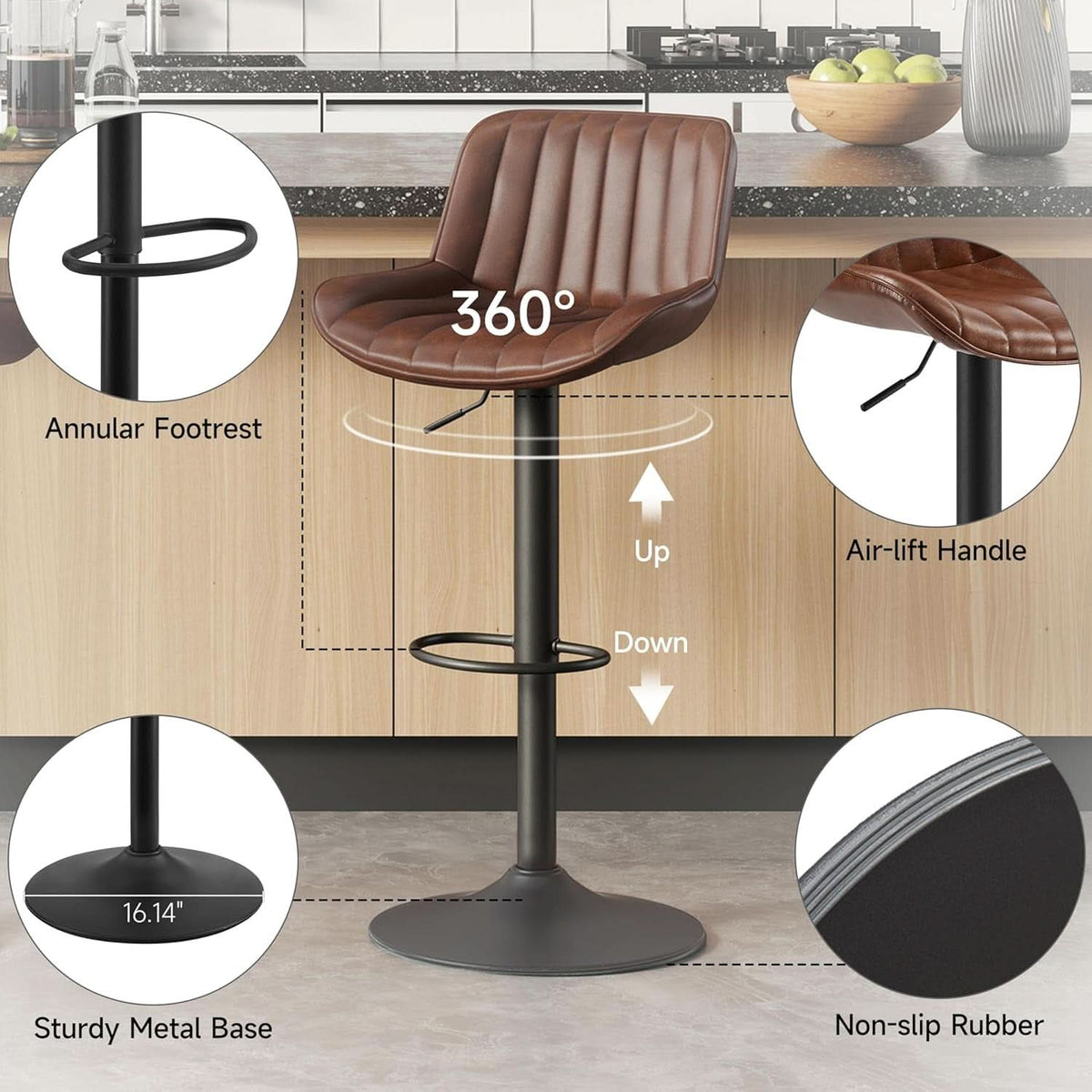 Mid Century Modern Adjustable Height Swivel Bar Stools-4