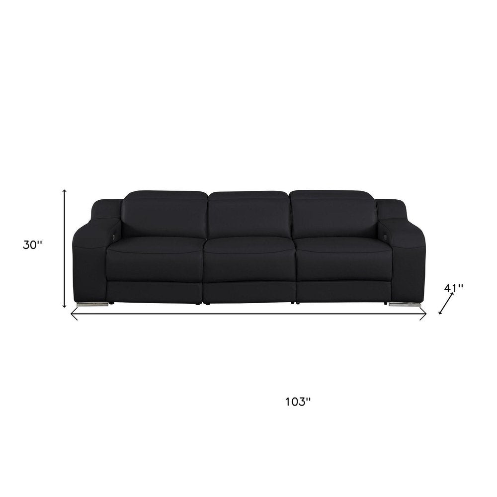 103" Black Italian Leather Reclining USB Sofa