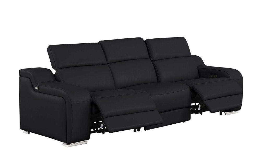 103" Black Italian Leather Reclining USB Sofa